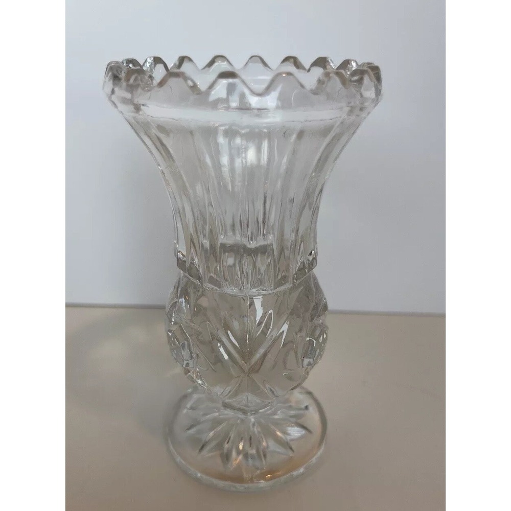 Crystal Clear Industries Pinwheel Pressed Glass Bud Vase W Pedestal Base 4"